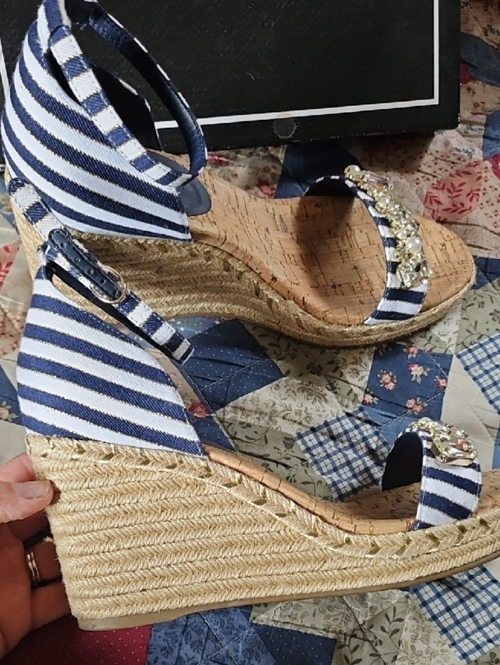 Karl Lagerfeld Navy Striped Wedge Sandals with Embellished Strap - Picture 2 of 5